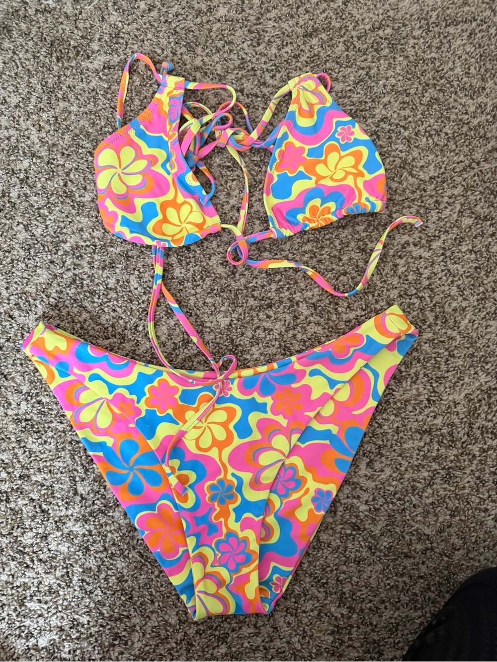 Kulani Kinis Neon Floral String Bikini - Pink, Yellow, Blue